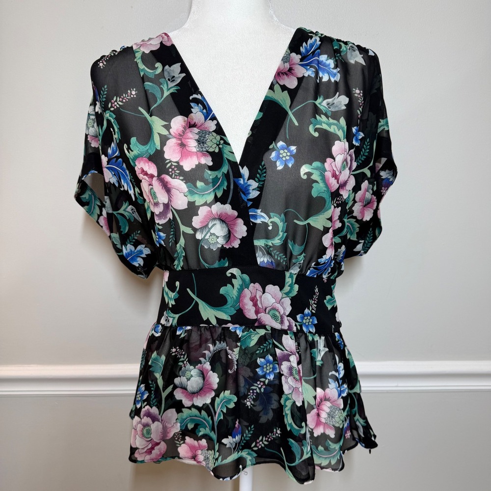 Semi Sheer Black Floral Wrap Peplum Blouse M Short Sleeve Tie Back V-Neck Top